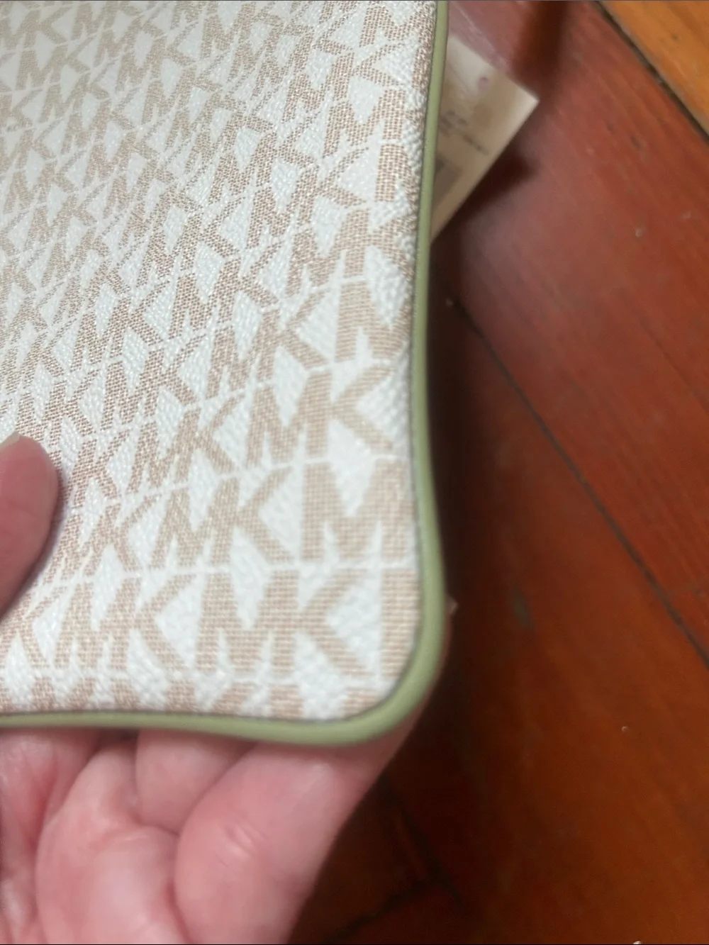 Michael Kors Cream Wristlet with Olive Center Stripe